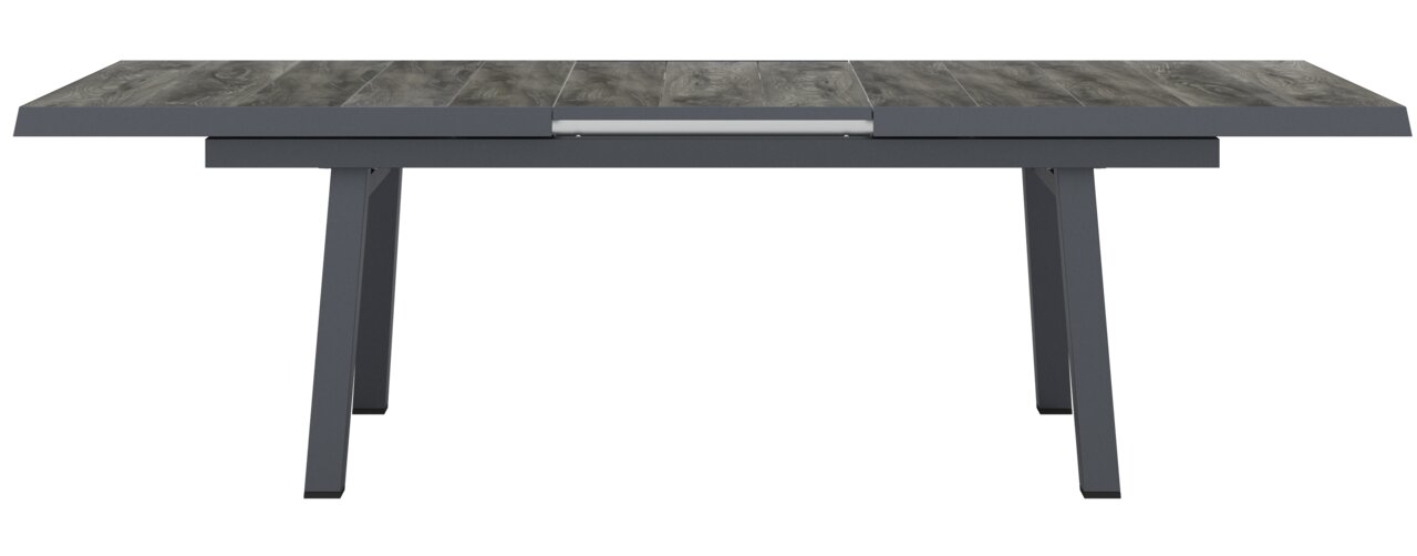 Großer, ausziehbarer Gartentisch aus Holz und Metall, frontal betrachtet.