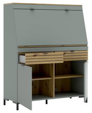 Moderne secretaire in grijze kleur met houten details, open lades en deuren, vooraanzicht