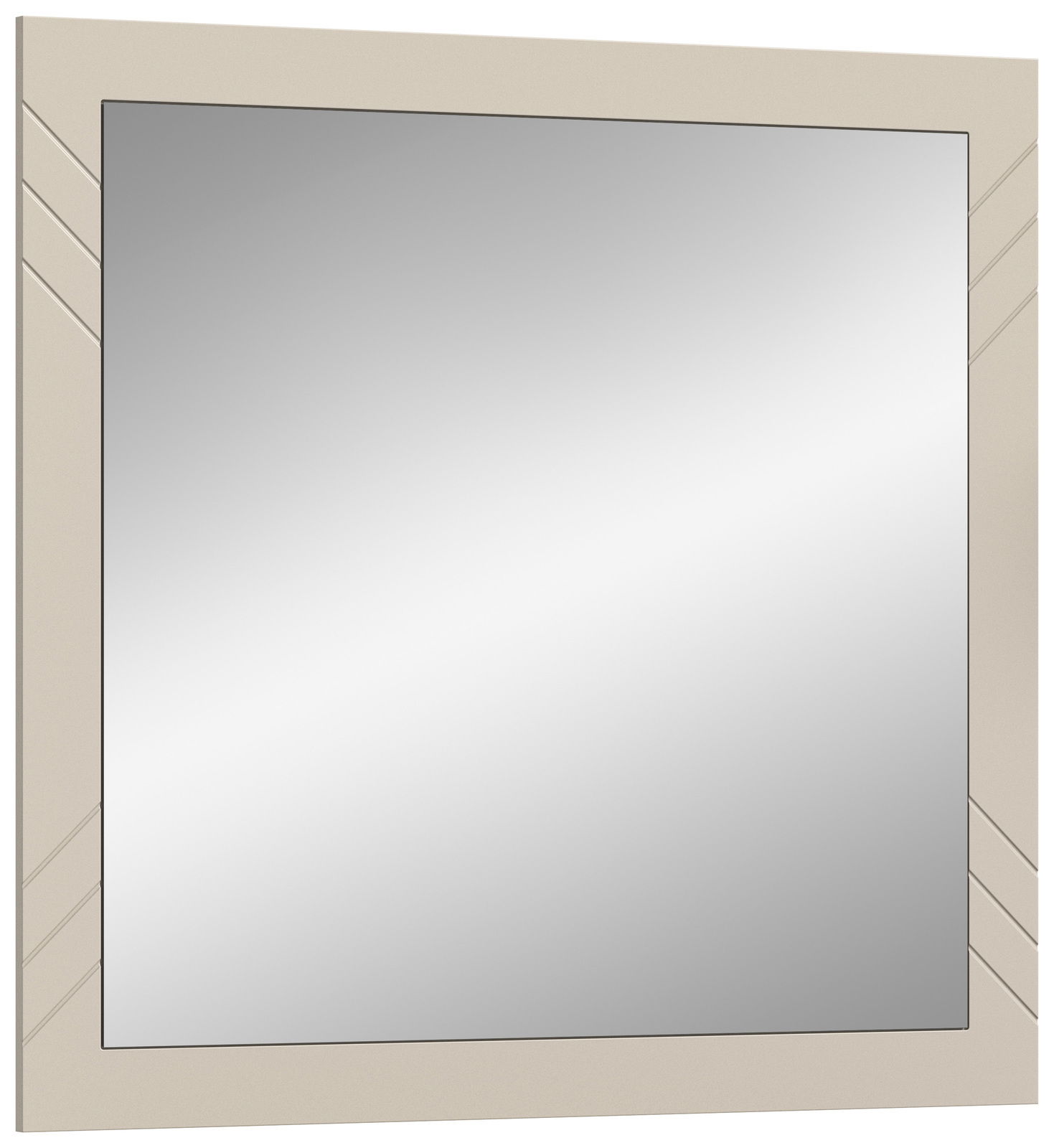 Moderner rechteckiger Spiegel mit beigem Rahmen und dekorativen Linien, seitliche Perspektive