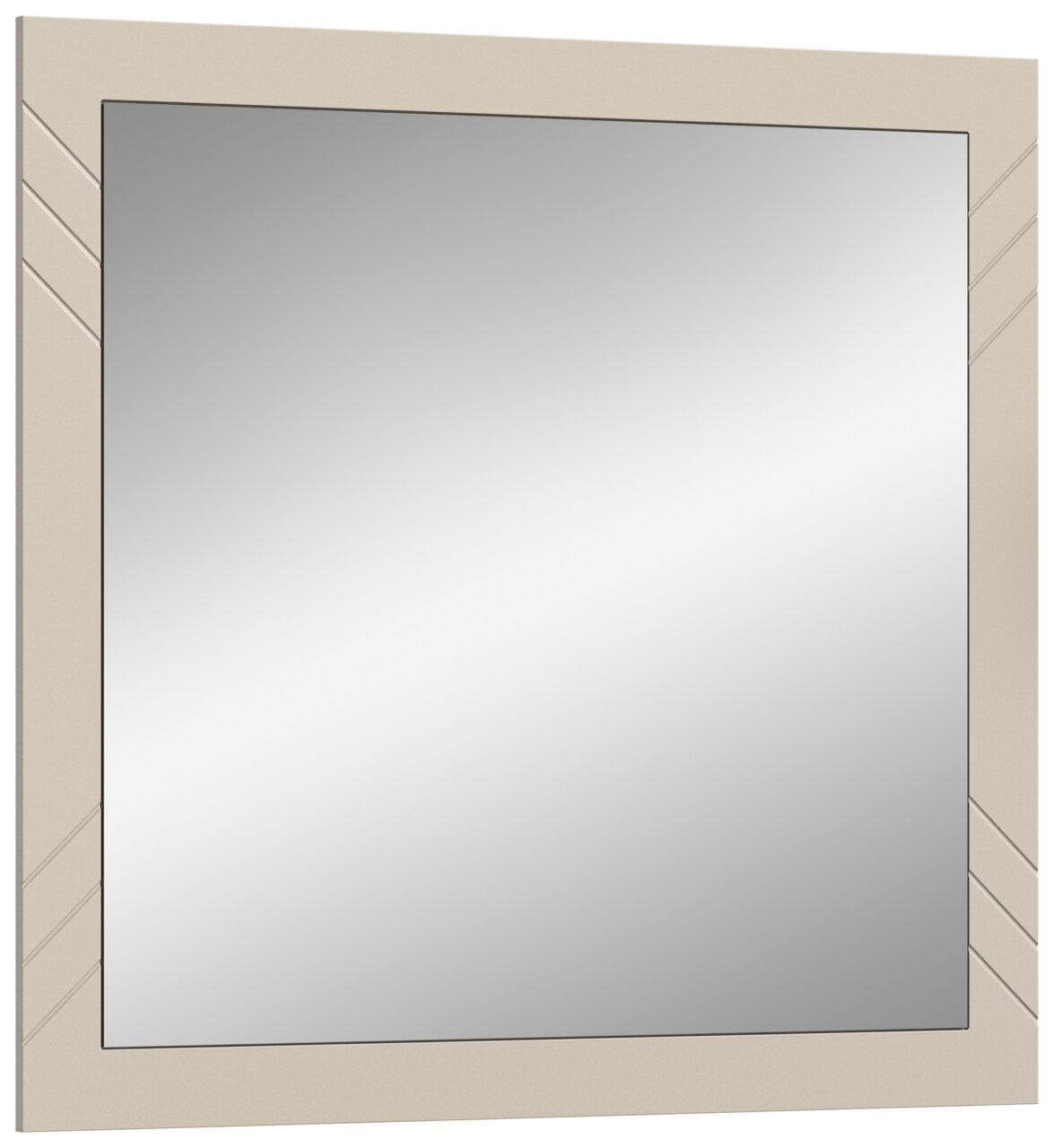 Moderner rechteckiger Spiegel mit beigem Rahmen und dekorativen Linien, seitliche Perspektive