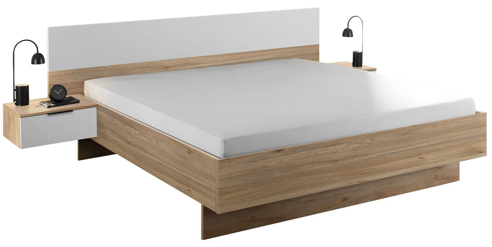 Modernes Doppelbett aus Holz mit weißem Kopfteil und integrierten Nachttischen, seitliche Perspektive