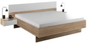 Modern houten tweepersoonsbed met wit hoofdeinde en ingebouwde nachtkastjes, zijaanzicht
