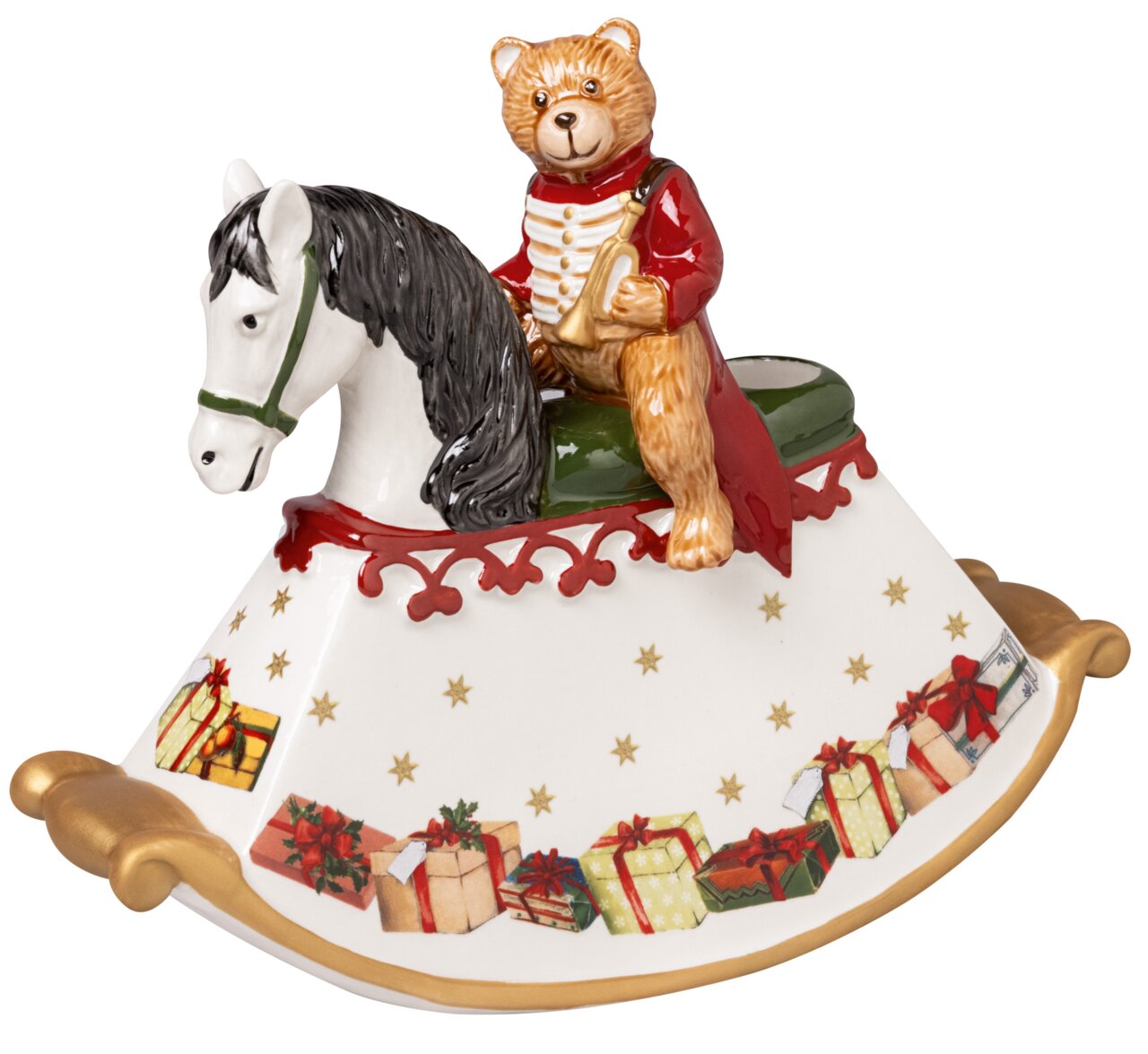 Porzellan-Schaukelpferd mit einem Teddybär in roter Uniform, umgeben von weihnachtlichen Geschenken und Sternen, seitliche Perspektive