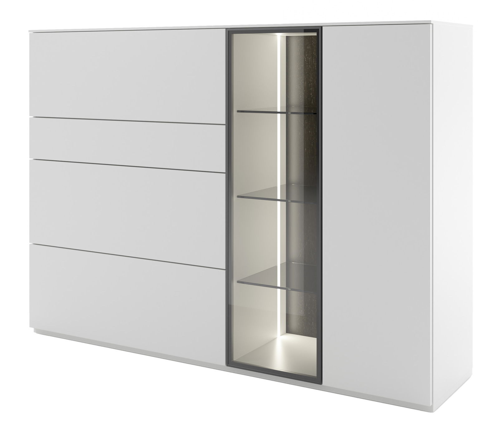 WK-Wohnen Highboardkombination 420 VIVA Weißes Highboard mit Glaseinsatz und Regalen, seitliche Perspektive