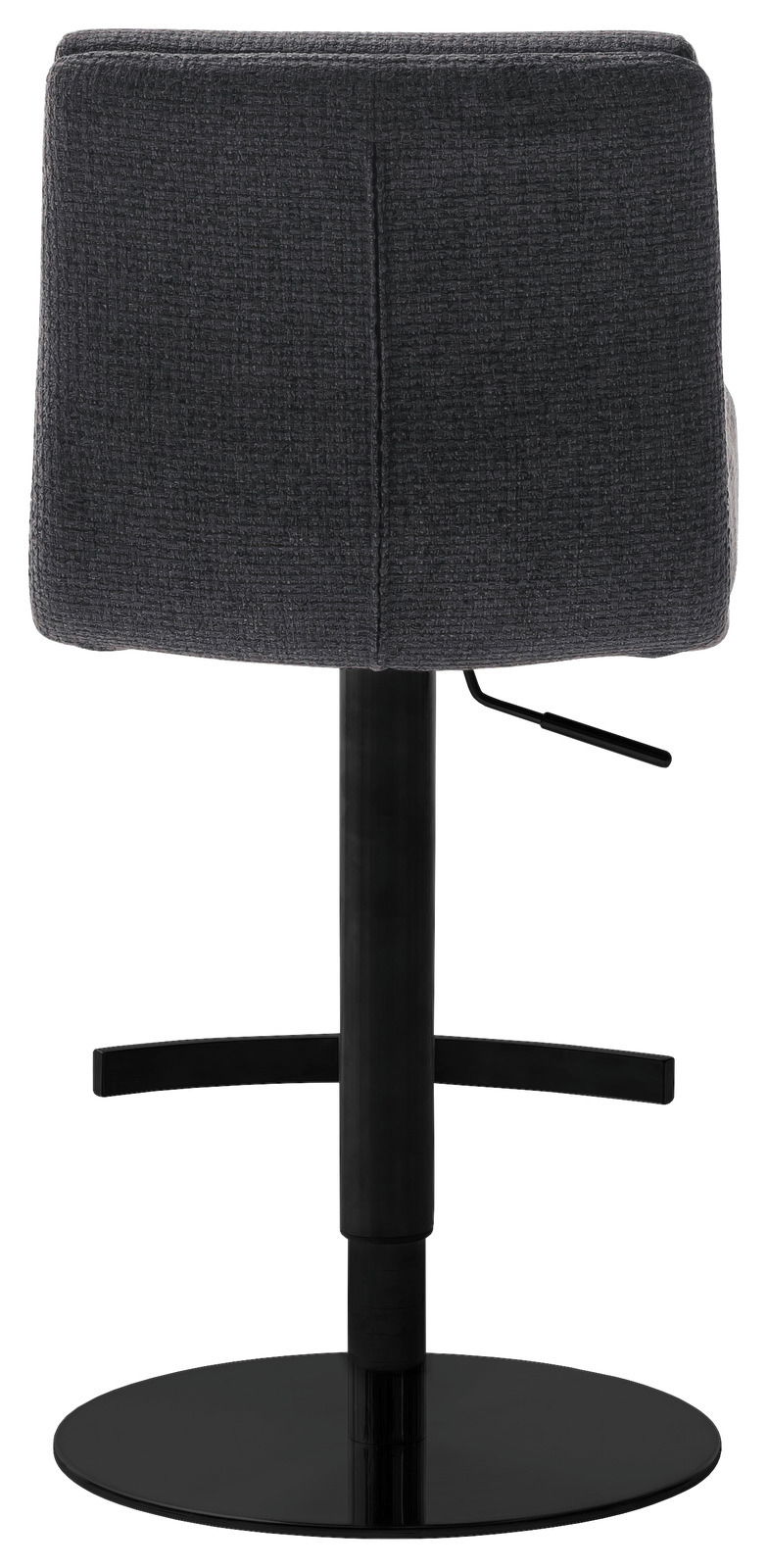Rückansicht eines modernen Barstuhls mit schwarzem Metallfuß und dunkelgrauer Polsterung.