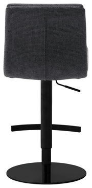 Rückansicht eines modernen Barstuhls mit schwarzem Metallfuß und dunkelgrauer Polsterung.