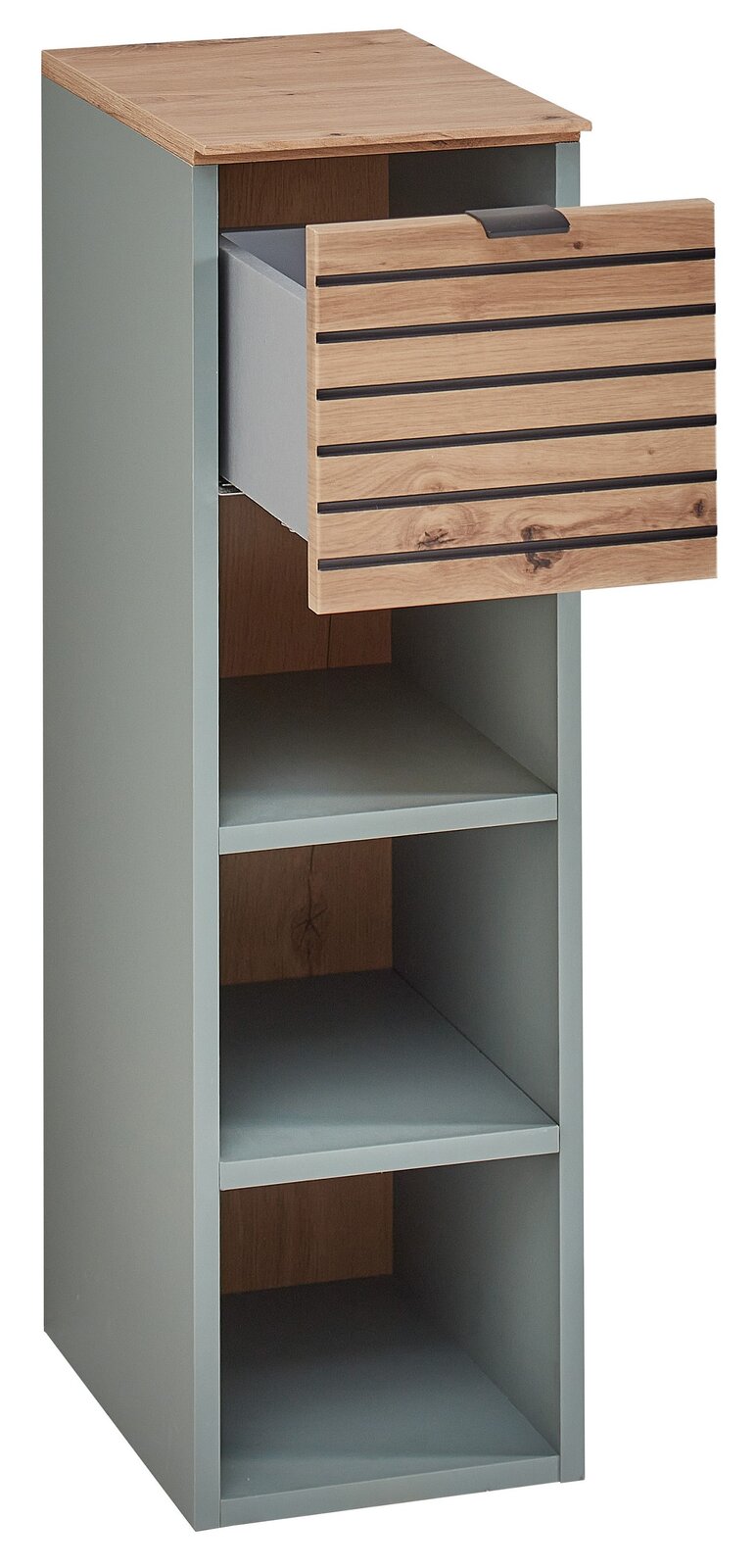 Garderoben-Set Schilf mit einem offenen Schrank und einer Schublade in Holzoptik, seitliche Perspektive