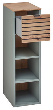 Garderoben-Set Schilf mit einem offenen Schrank und einer Schublade in Holzoptik, seitliche Perspektive