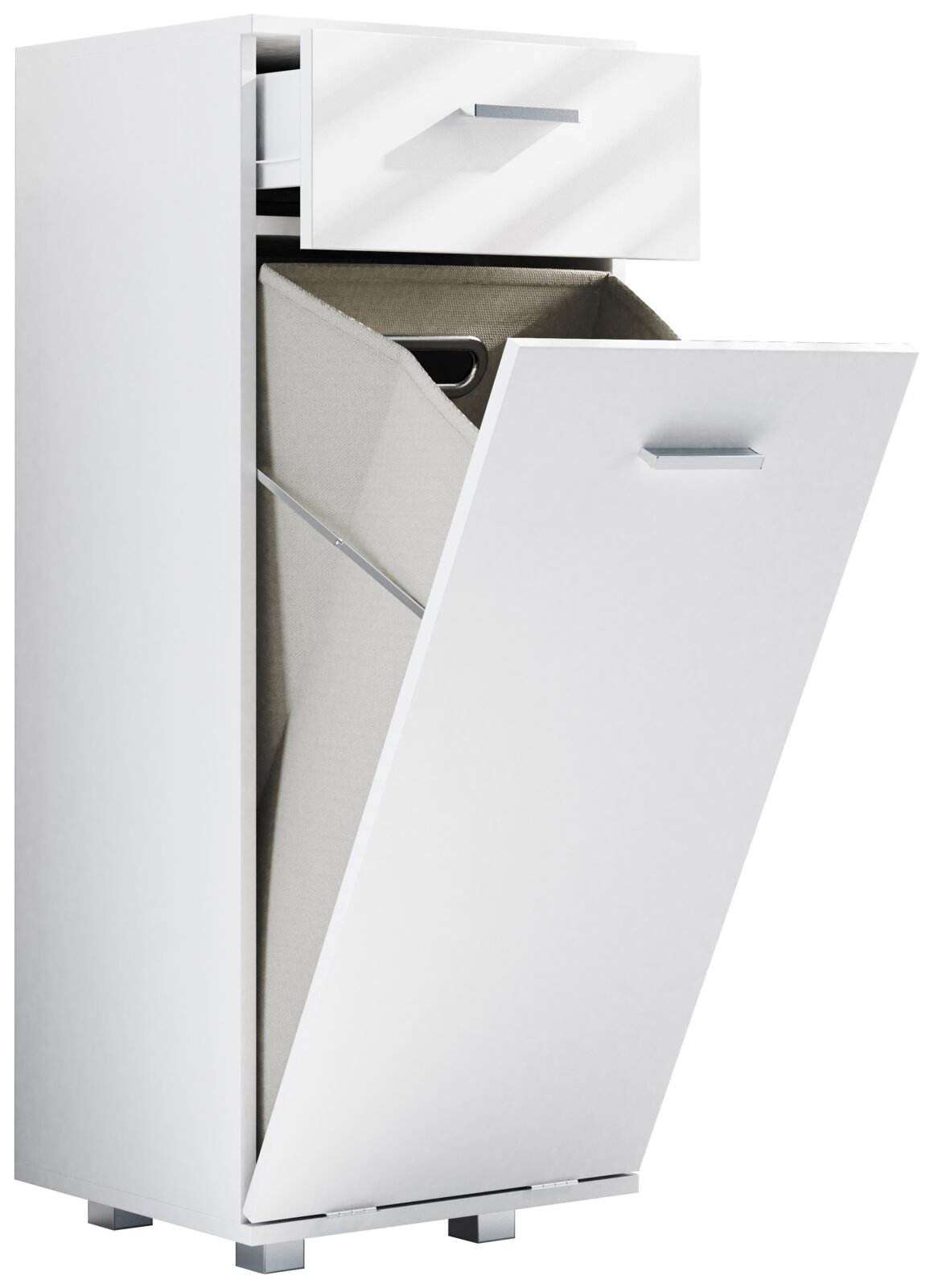 Weißer Wäschekipper-Schrank mit kippbarer Frontklappe und sichtbarem Stoff-Wäschesack, in leicht schräger Vorderansicht (3/4-Perspektive)