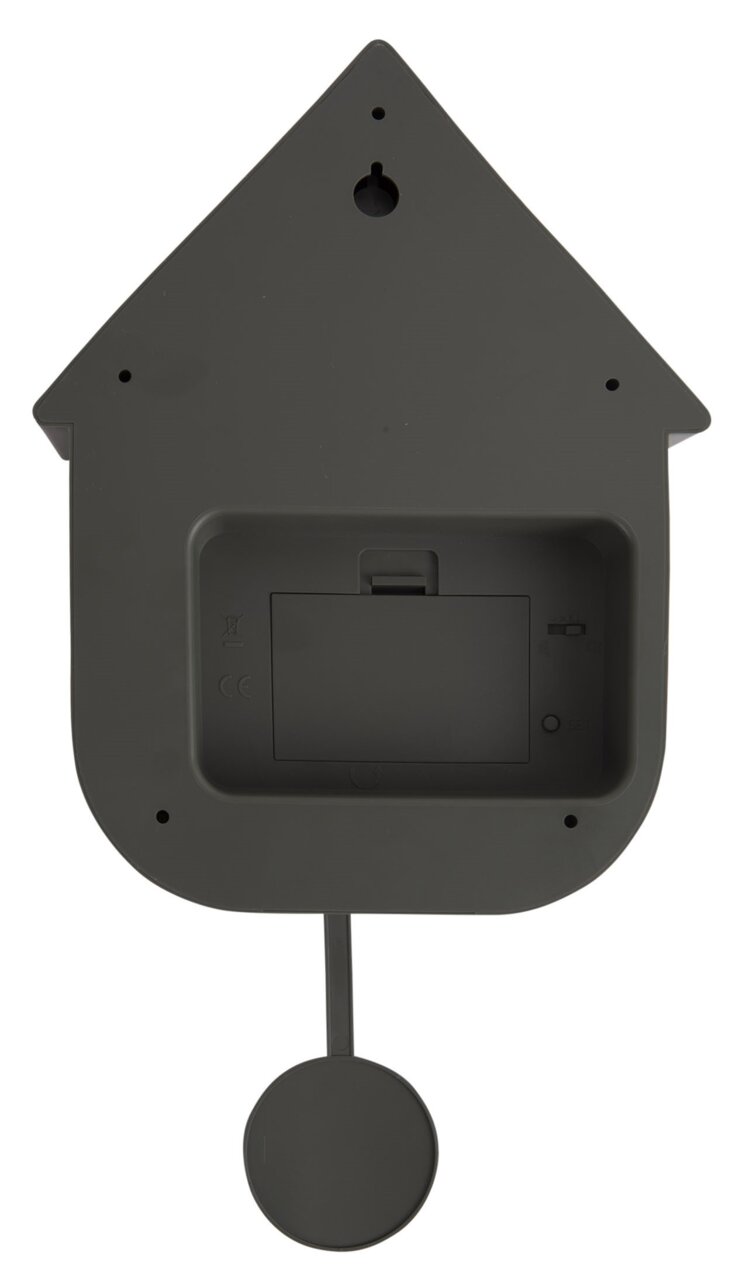 Rückansicht einer schwarzen Wanduhr in Form eines Hauses mit Pendel.