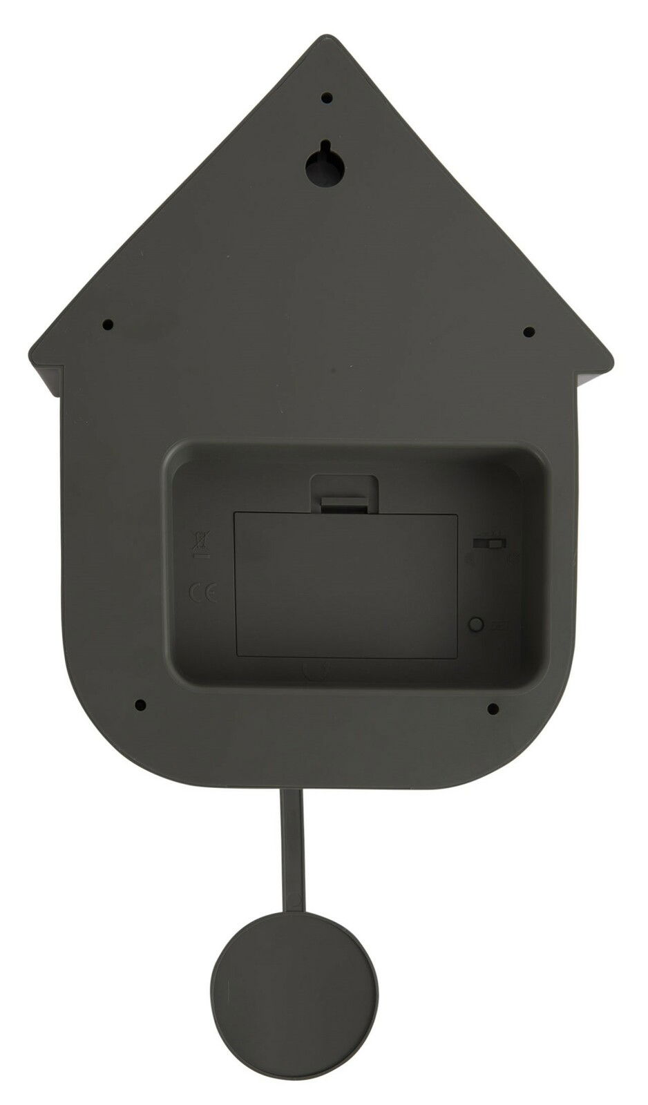 Rückansicht einer schwarzen Wanduhr in Form eines Hauses mit Pendel.