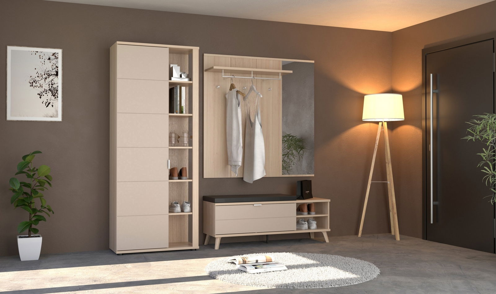 Voleo Garderobenpaneel BASEL Garderobenpaneel in modernem Design, frontal betrachtet, mit Kleiderstange, Spiegel und Ablagefläche, umgeben von stilvoller Einrichtung.