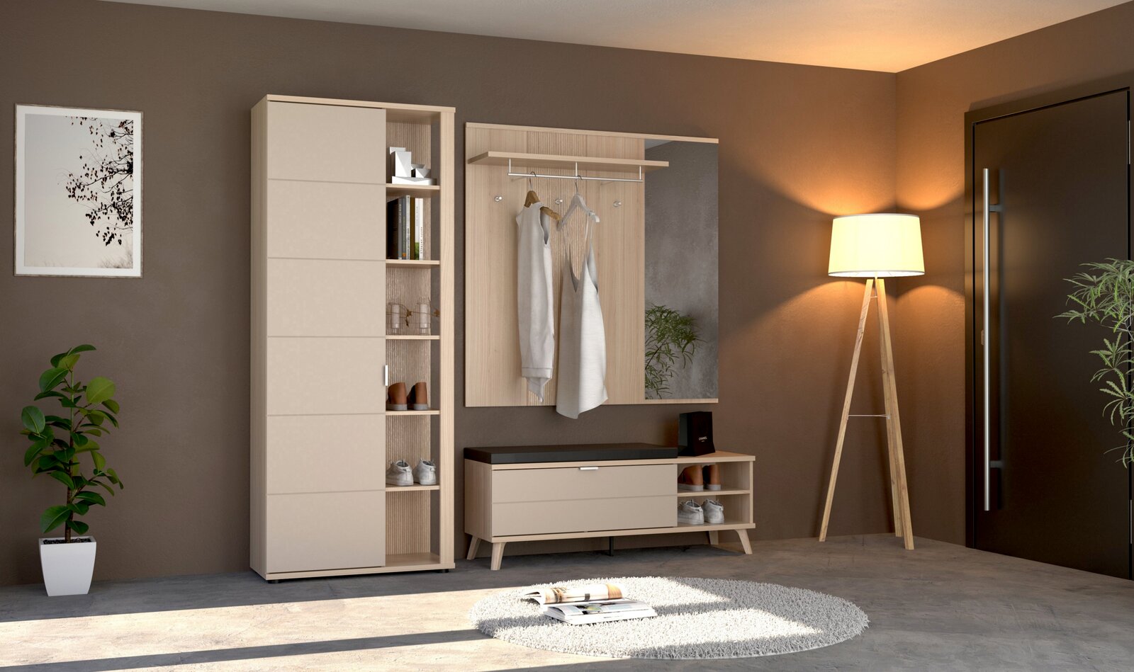 Voleo Garderobenpaneel BASEL Garderobenpaneel in modernem Design, frontal betrachtet, mit Kleiderstange, Spiegel und Ablagefläche, umgeben von stilvoller Einrichtung.