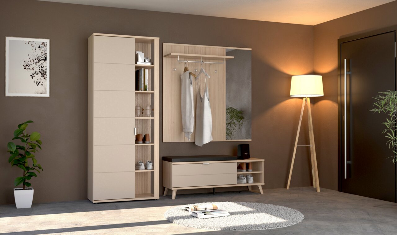 Voleo Garderobenpaneel BASEL Garderobenpaneel in modernem Design, frontal betrachtet, mit Kleiderstange, Spiegel und Ablagefläche, umgeben von stilvoller Einrichtung.