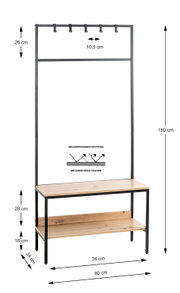 Garderobenbank mit Metallgestell in Schwarz und Holzoptik-Ablagen, oben Hakenleiste; Maße ca. 180 cm hoch, 80 cm breit, 35 cm tief – Frontansicht.