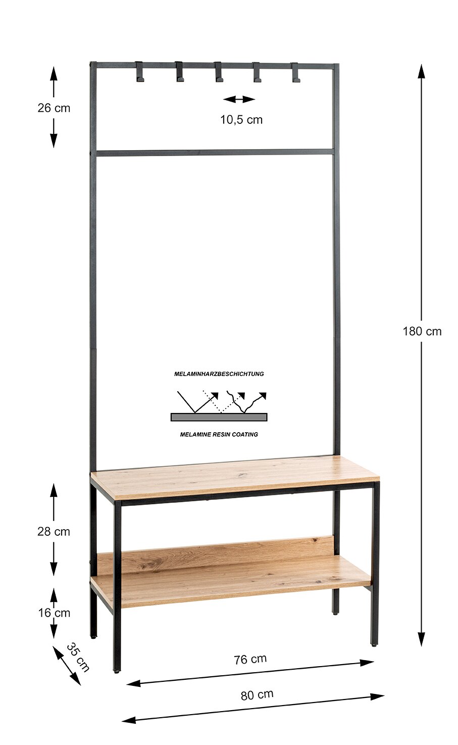 Garderobenbank mit Metallgestell in Schwarz und Holzoptik-Ablagen, oben Hakenleiste; Maße ca. 180 cm hoch, 80 cm breit, 35 cm tief – Frontansicht.
