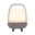 Frontansicht einer tragbaren Lampe mit integriertem Lautsprecher, cremefarbenes Licht und braunem Gehäuse, mit einem Griff oben.