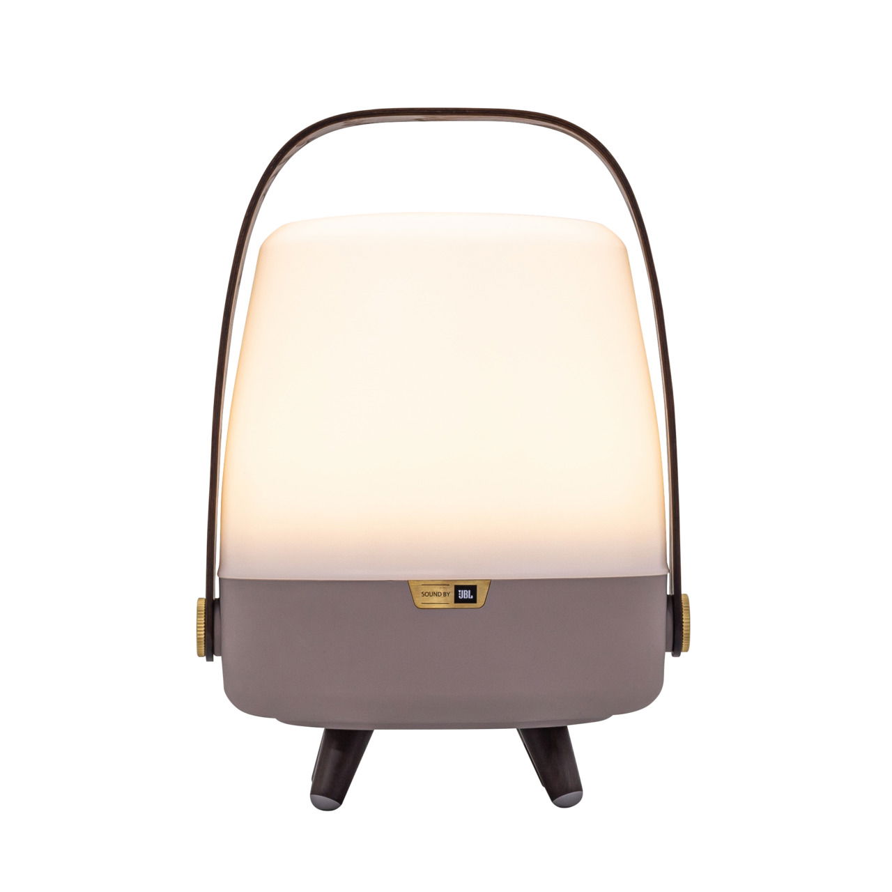 Frontansicht einer tragbaren Lampe mit integriertem Lautsprecher, cremefarbenes Licht und braunem Gehäuse, mit einem Griff oben.