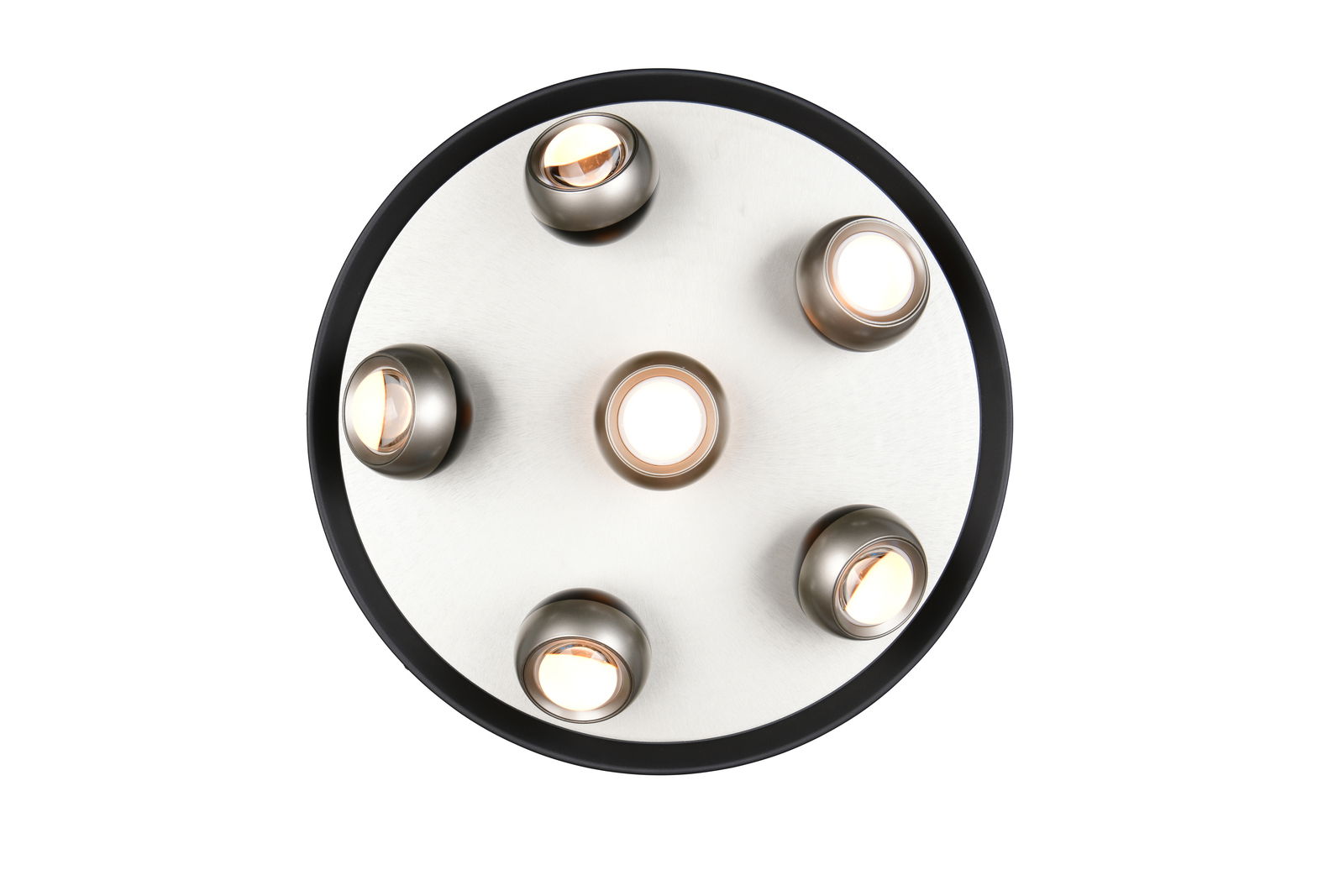 Deckenleuchte mit fünf runden Lichtquellen, Ansicht von unten.