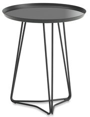 Moderner schwarzer Beistelltisch mit runder Tischplatte und filigranem Metallgestell, seitliche Perspektive
