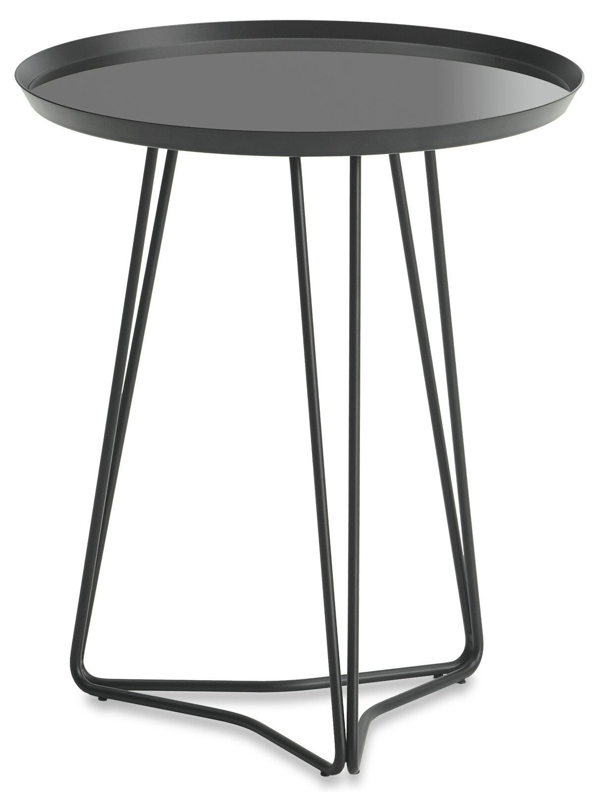 Moderner schwarzer Beistelltisch mit runder Tischplatte und filigranem Metallgestell, seitliche Perspektive