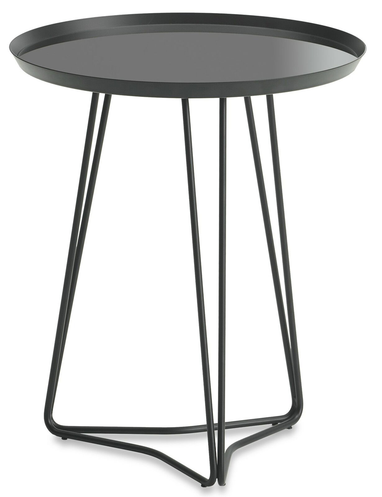 Moderner schwarzer Beistelltisch mit runder Tischplatte und filigranem Metallgestell, seitliche Perspektive