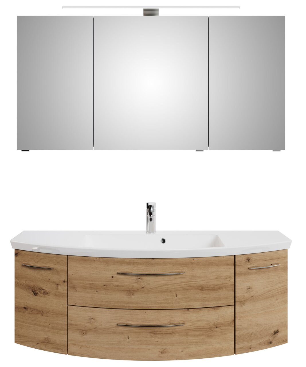 Vooraanzicht van een driedelige badkamermeubelcombinatie met een grote spiegelkast en een wastafel met houtlook en moderne handgrepen.