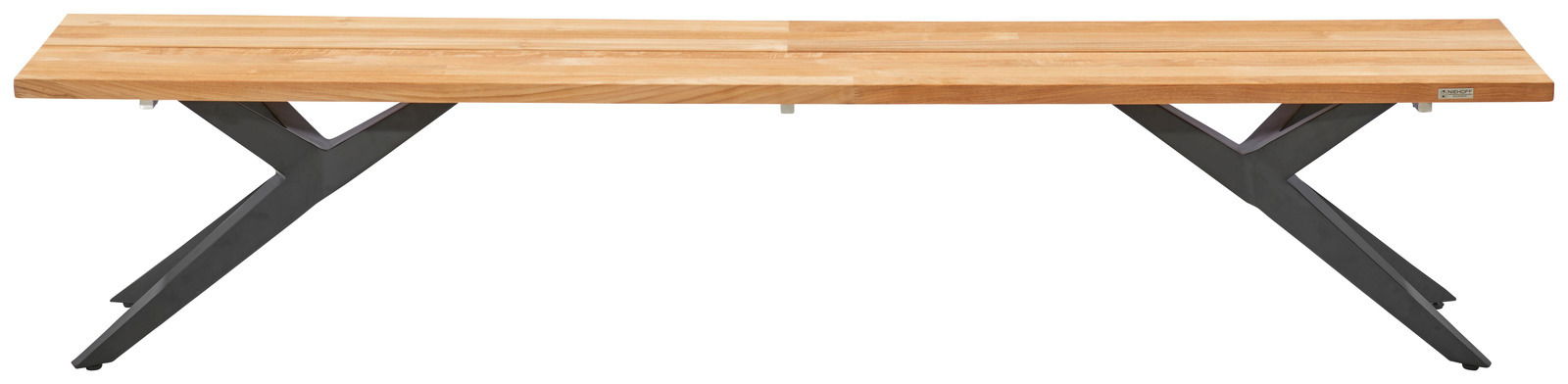 Holzbank mit Metallbeinen, seitliche Perspektive