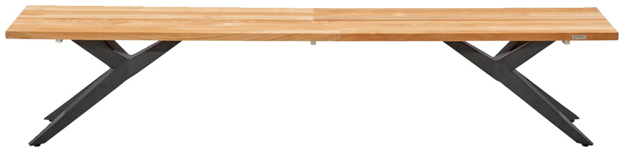 Holzbank mit Metallbeinen, seitliche Perspektive