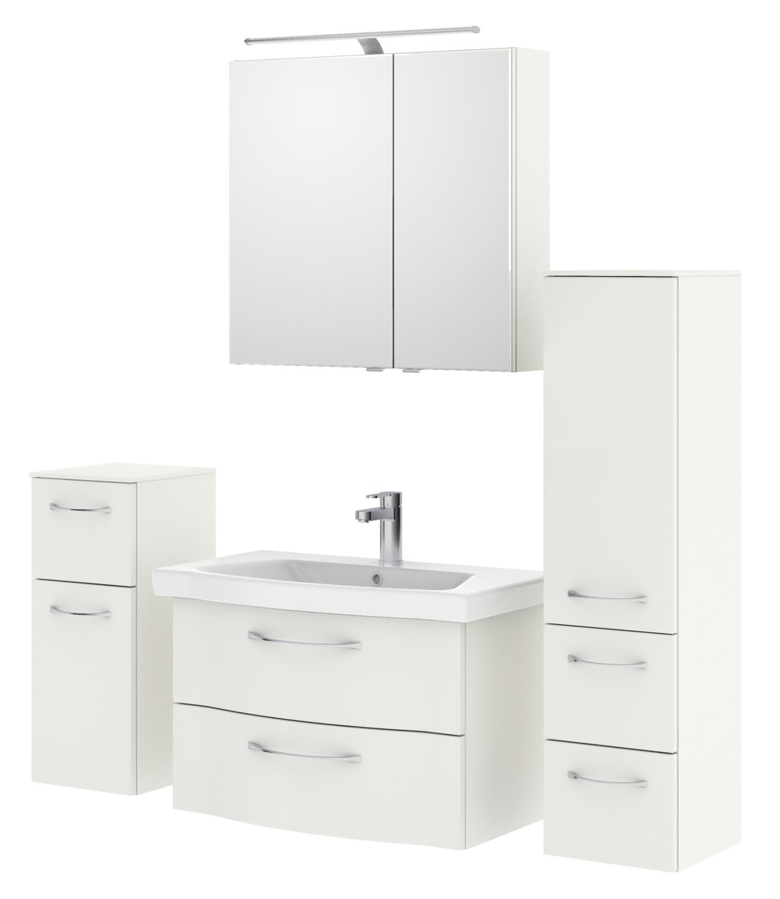 Pelipal Badblock SERIE 6005 SPRINT Moderner weißer Badblock mit Waschbecken, Spiegelschrank und Stauraum, Frontalansicht