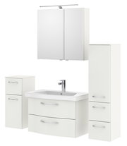 Moderner weißer Badblock mit Waschbecken, Spiegelschrank und Stauraum, Frontalansicht