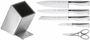 Messerblock Grand Gourmet 6-teilig, bestehend aus einem modernen Messerblock aus Edelstahl, vier verschiedenen Messern und einer Küchenschere, seitliche Perspektive.