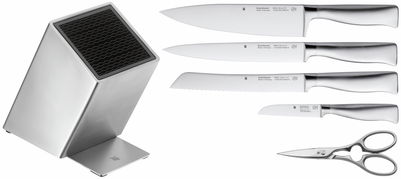 Messerblock Grand Gourmet 6-teilig, bestehend aus einem modernen Messerblock aus Edelstahl, vier verschiedenen Messern und einer Küchenschere, seitliche Perspektive.
