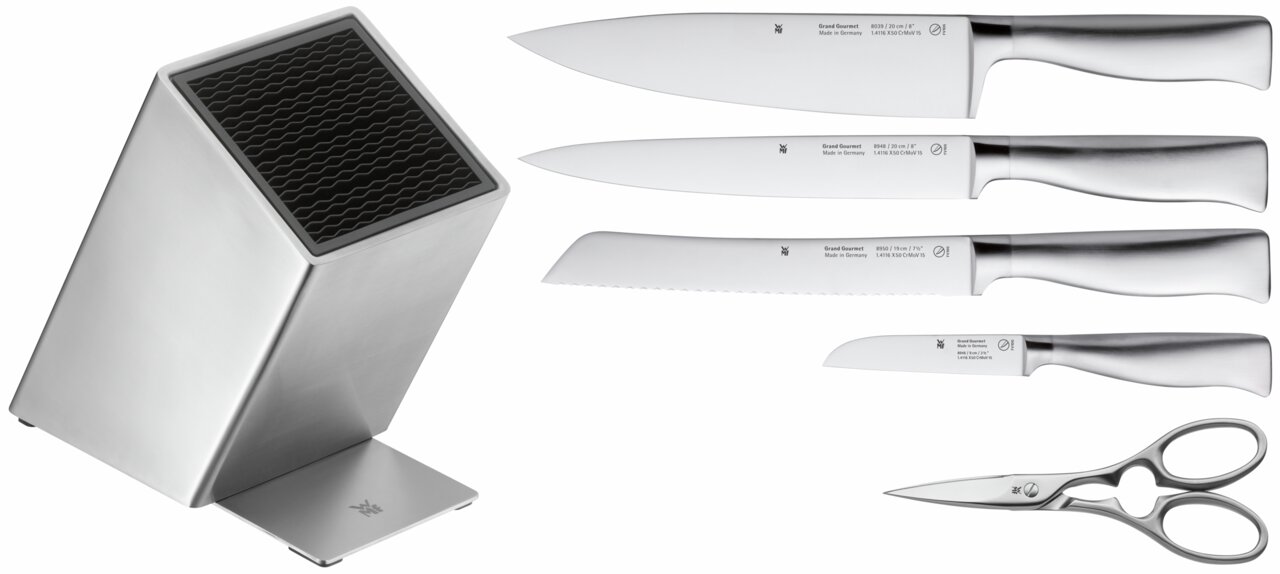 Messerblock Grand Gourmet 6-teilig, bestehend aus einem modernen Messerblock aus Edelstahl, vier verschiedenen Messern und einer Küchenschere, seitliche Perspektive.