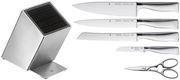 Messerblock Grand Gourmet 6-teilig, bestehend aus einem modernen Messerblock aus Edelstahl, vier verschiedenen Messern und einer Küchenschere, seitliche Perspektive.