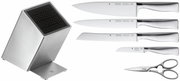 Messerblock Grand Gourmet 6-teilig, bestehend aus einem modernen Messerblock aus Edelstahl, vier verschiedenen Messern und einer Küchenschere, seitliche Perspektive.