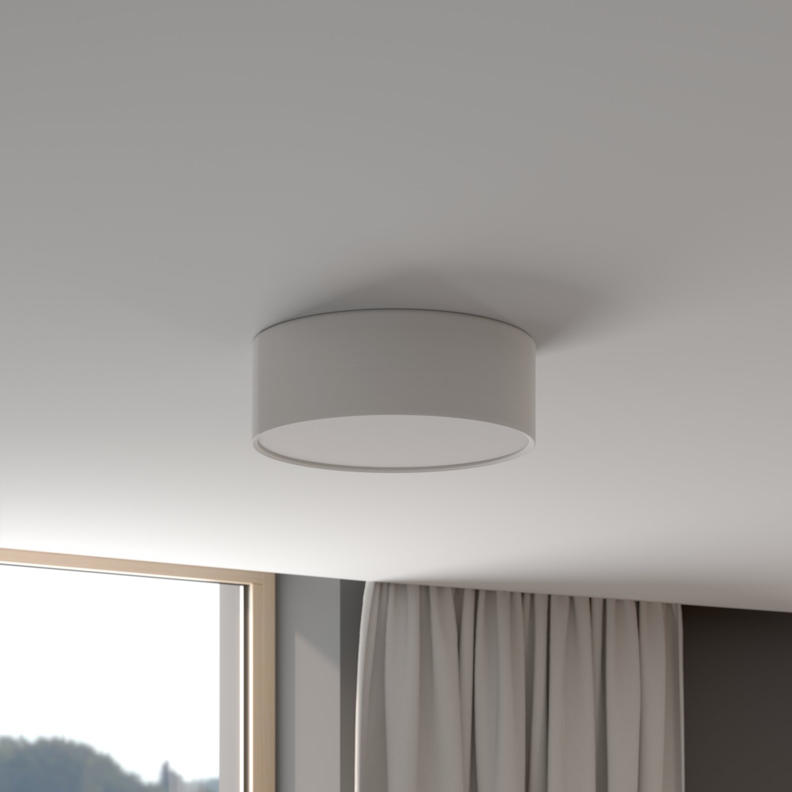 Novel Plafondlamp DECKENLEUCHTE Ronde, witte plafondlamp in een minimalistisch cilindrisch ontwerp aan het plafond, gefotografeerd vanuit een lichte hoek van onderaf in een lichte ruimte