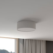 Runde, weiße Deckenaufbauleuchte im minimalistischen Zylinder-Design an der Zimmerdecke, fotografiert aus leichter Untersicht in einem hellen Raum