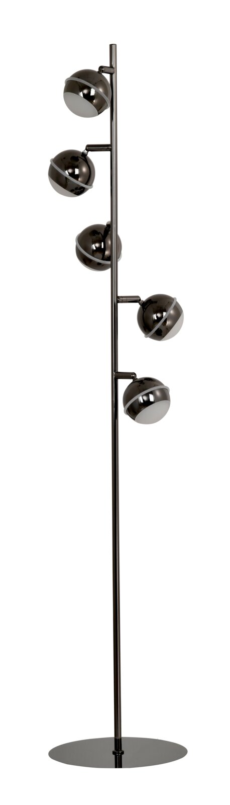 Vrijstaande zwarte metalen vloerlamp met vijf verstelbare bolvormige spots en ronde voet, vanuit vooraanzicht op een witte achtergrond