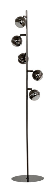 Vrijstaande zwarte metalen vloerlamp met vijf verstelbare bolvormige spots en ronde voet, vanuit vooraanzicht op een witte achtergrond
