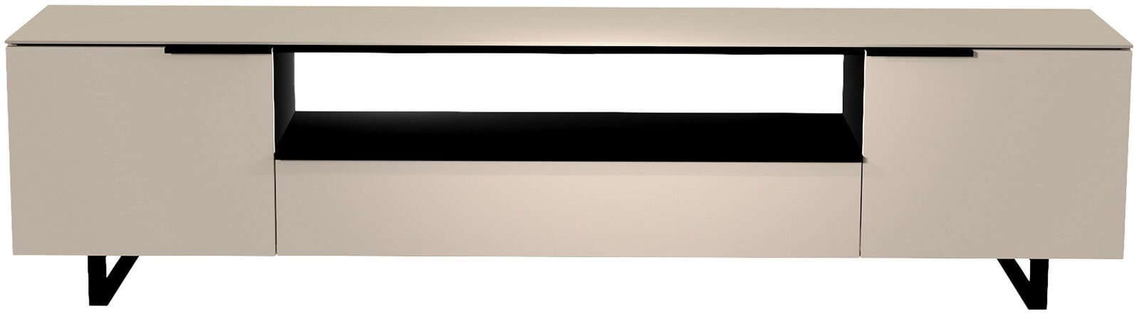 Frontansicht eines modernen XL TV-Lowboards mit zwei Türen und einem offenen Fach in der Mitte, in einem eleganten, minimalistischen Design.