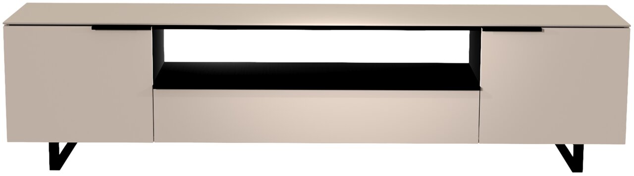 Frontansicht eines modernen XL TV-Lowboards mit zwei Türen und einem offenen Fach in der Mitte, in einem eleganten, minimalistischen Design.