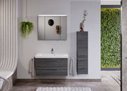 Moderne Badezimmermöbel in dunklem Holzton, bestehend aus einem Waschtisch mit zwei Schubladen und einem hohen Schrank, mit Spiegel und Pflanzen, aus frontaler Perspektive.