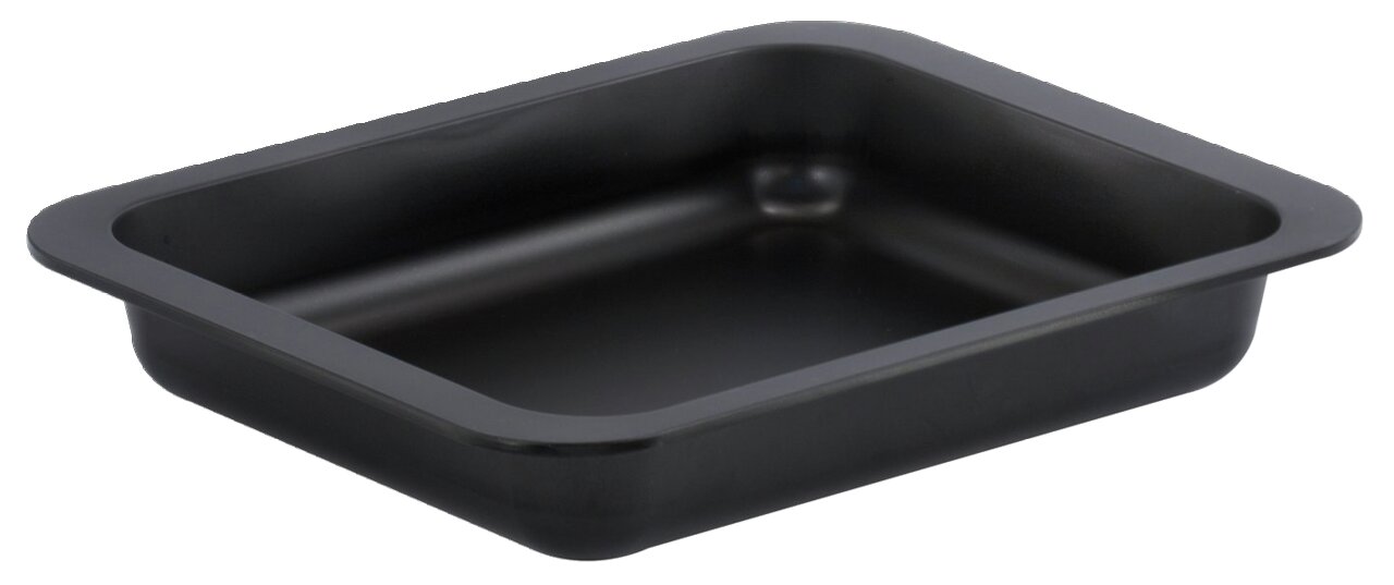 Schwarze Auflaufform aus Metall, rechteckig, in schräger Perspektive von oben fotografiert.