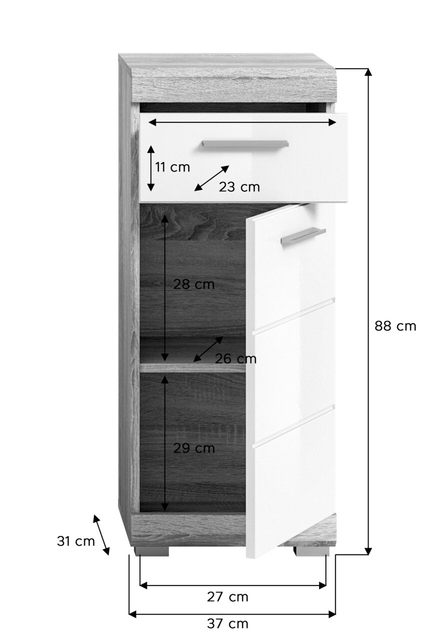 Badezimmerschrank mit einer Schublade und zwei Fächern, Frontansicht, Maße: 88 cm hoch, 37 cm breit, 31 cm tief.
