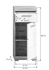 Badezimmerschrank mit einer Schublade und zwei Fächern, Frontansicht, Maße: 88 cm hoch, 37 cm breit, 31 cm tief.