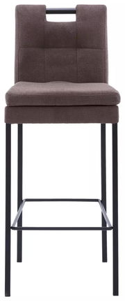 Vorderansicht eines modernen Barhockers mit gepolstertem Sitz und Rückenlehne in Braun, sowie schwarzen Metallbeinen.