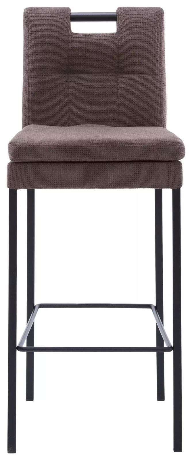 Vorderansicht eines modernen Barhockers mit gepolstertem Sitz und Rückenlehne in Braun, sowie schwarzen Metallbeinen.