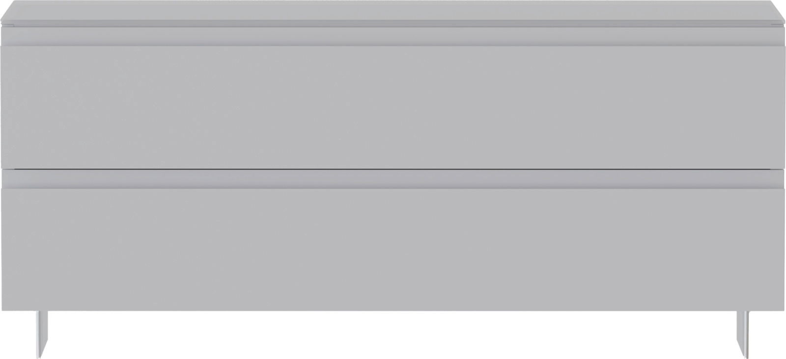 Frontale Ansicht einer modernen, grauen Garderobenbank mit zwei Schubladen.
