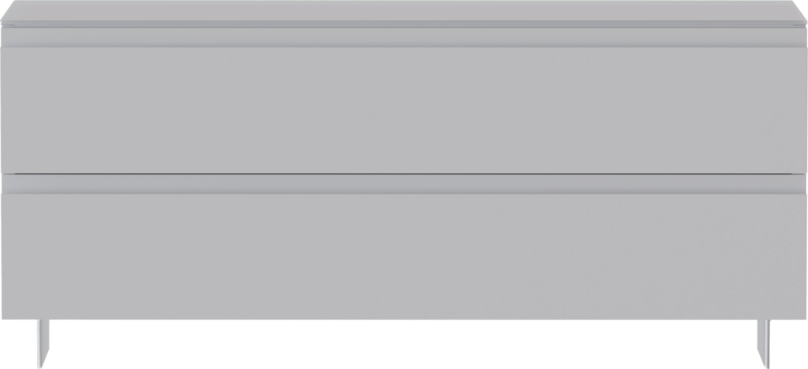 Frontale Ansicht einer modernen, grauen Garderobenbank mit zwei Schubladen.